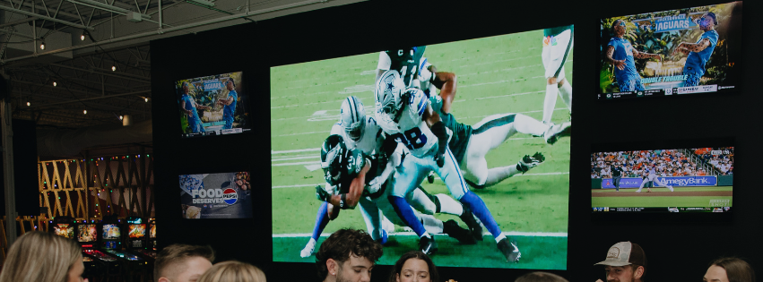 Huge LED screen at Rec Hall used for watch parties, trivia and more.