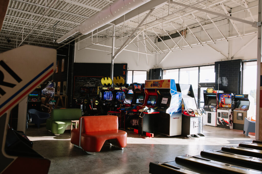 Arcade machines on the floor at Rec Hall in St. Charles, Missouri, for fans of classic arcade games